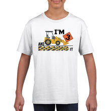 Load image into Gallery viewer, I'm 3 and Digging It Kids Crewneck T-shirt Construction Party Shirt